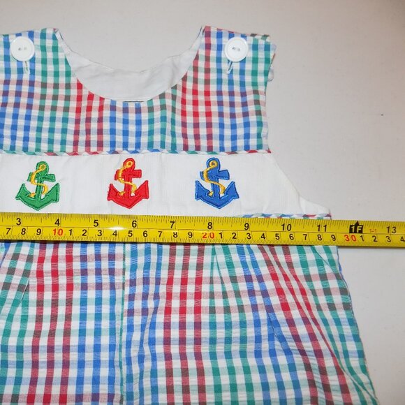SAMARA Vintage 24M Boys Red Green Blue Check Seersucker Romper Anchors Sailor - Picture 3 of 5